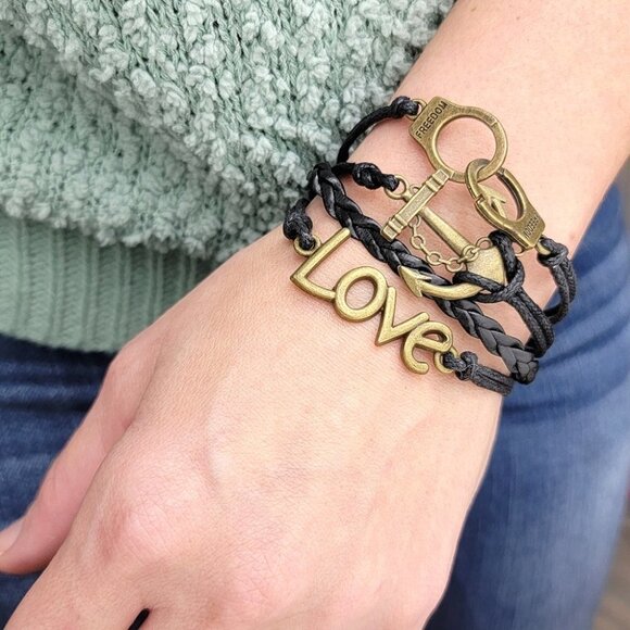 3/$20 Inspirational Black Stack Bracelet Love Anchor Freedom Hand Cuff - Picture 9 of 10